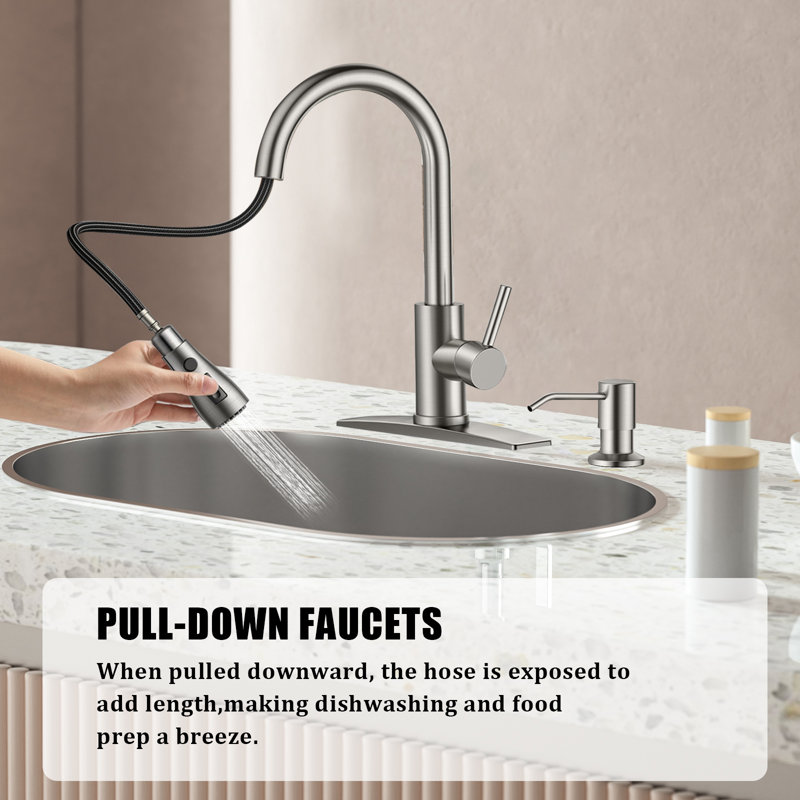 Kitchen Faucet, Pull-Down Sprayer High Arc Single Handle, With Soap Dispenser, Classic 3-Mode Faucet, Suitable For Kitchen Sink Laundry Room.