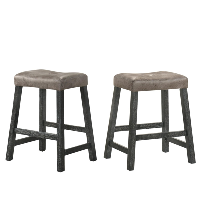 Rustic Backless Counter Stool Set of 2 – 25 Inch Wooden Farmhouse Barstool with Brown Leather Seat, Distressed Finish & Sturdy Frame – Space-Saving Counter-Height Seating for Kitchen & Bar
