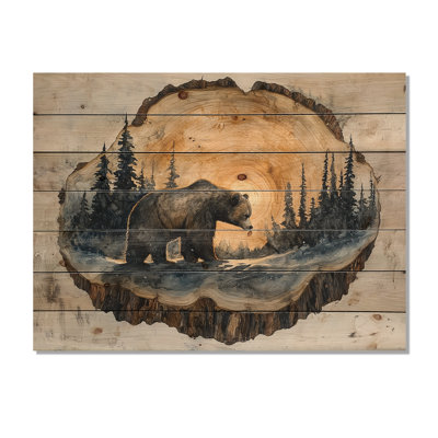 Grizzly Bear Into The Winter Landscape I - Bear Wood Print - On Natural Pine Wood