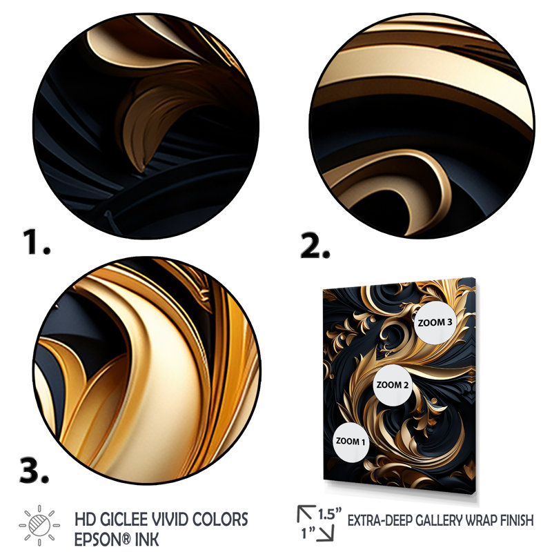 Ornement doré sur fond noir I - Spirales abstraites, art mural, salon, H 32 po x l 16 po x P 1 po, Cadre flottant noir