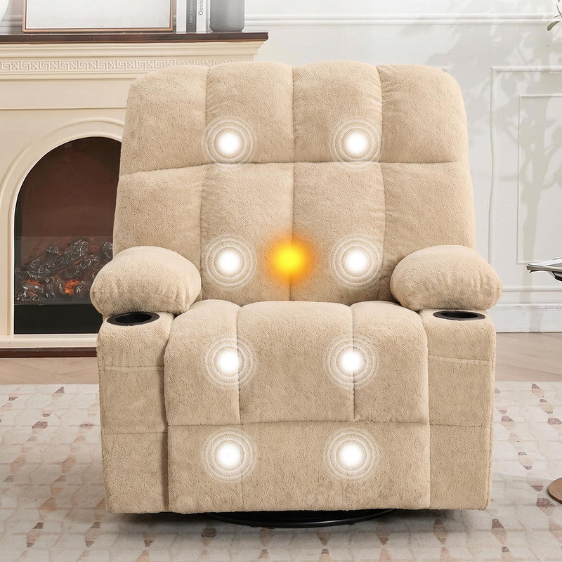 Fauteuil inclinable à bascule surdimensionné avec chaleur et massage - pivotant, inclinable et relaxant, Kaki
