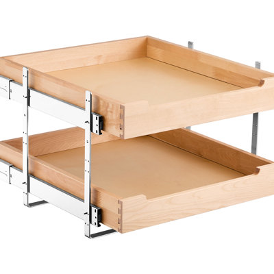 Solid Wood 2 Tier Pull Out Cabinet, Soft Close Slide Drawer, Metal Tracks For Quiet Operation Kitchen Organizer, Tracks, High Load Capacity