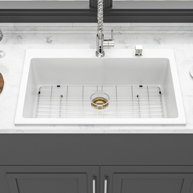 Évier de cuisine en quartz blanc de 33 po x 22 po, composite haut de gamme, élimine le bruit, surface dure résistant aux égratignures, ultra lisse pour un essuyage rapide, ensemble avec support de séchage et pinces d'installation