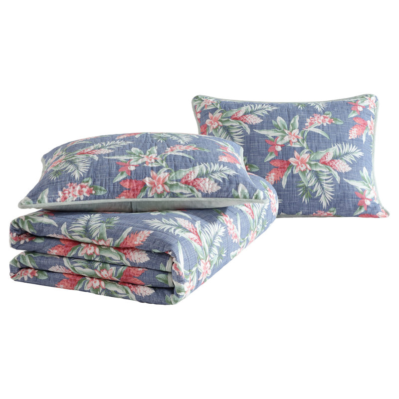 Navy Cotton Reversible Twin Quilt Set with Floral Design