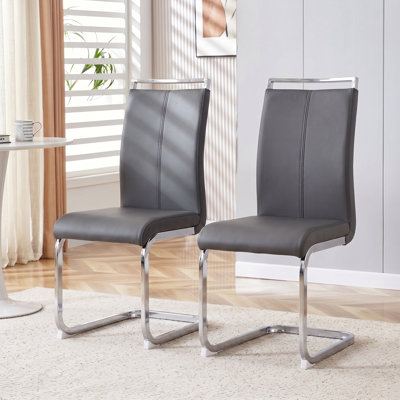 Modern Faux Leather Cantilever Dining Chairs with Chrome Base and Metal Handle (Set of 2)