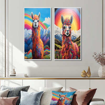 Alpaca In Chile Mountain Rainbow Landscape I - Llama Animal Wall Art 2 Pieces Set