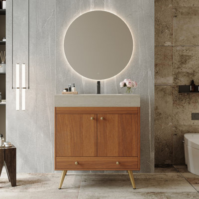 Meuble-lavabo autoportant de style Mid-Century avec comptoir en faux marbre et lavabo en céramique, armoire de rangement à double porte de 30 po, bois d'ingénierie imperméable, pieds dorés