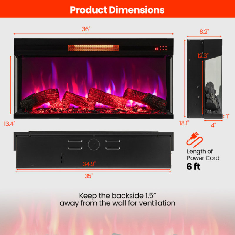 36 in. Freestanding Electric Fireplace in Black with 8 Flame Colors & 5 Brightness, Timer, 3-Sided View, Recessed