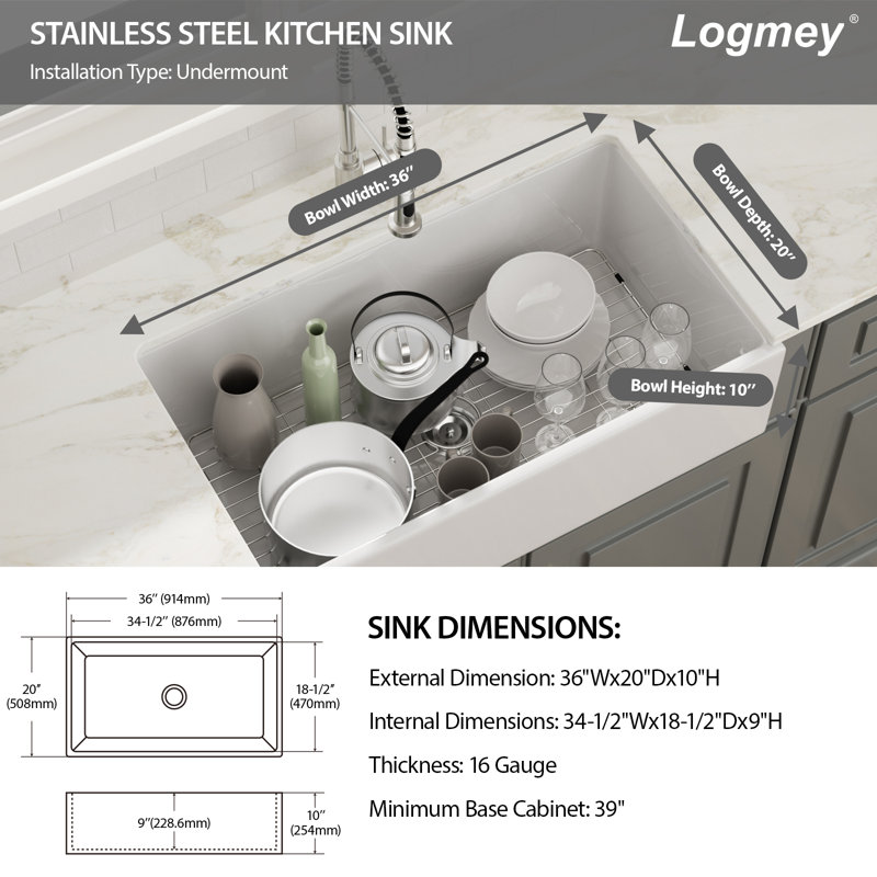 Évier de cuisine de ferme à simple cuve en argile réfractaire L 36 po x l 20 po avec accessoires