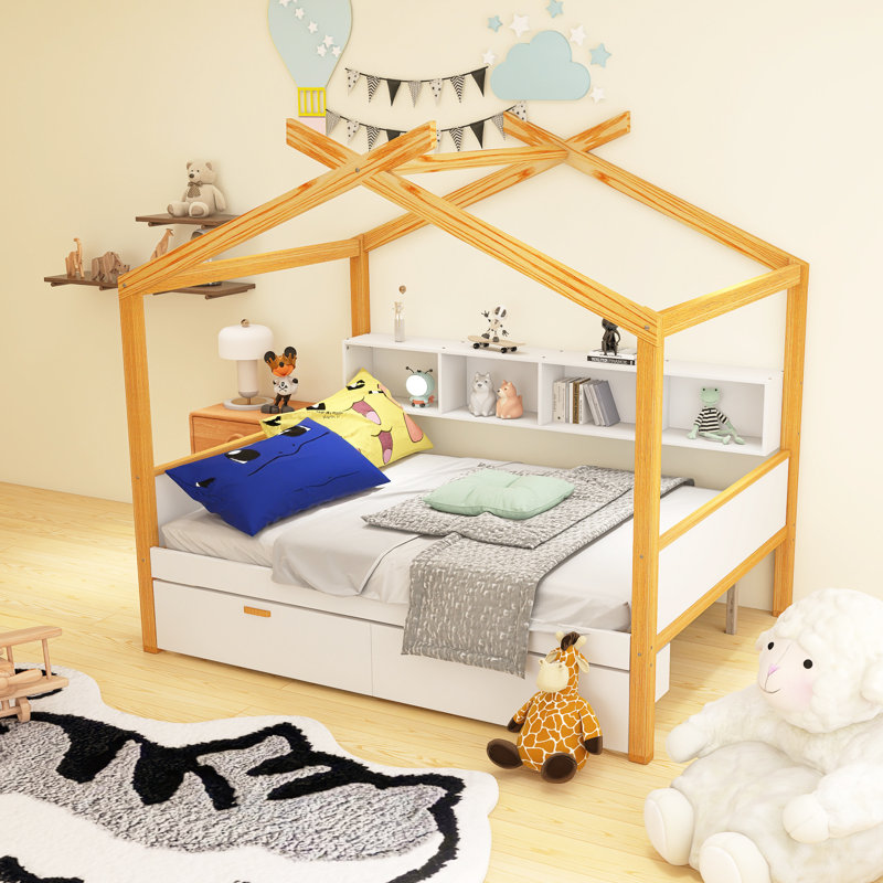 Structure de lit double en bois avec deux tiroirs et une bibliothèque pour les enfants ou la chambre d'amis