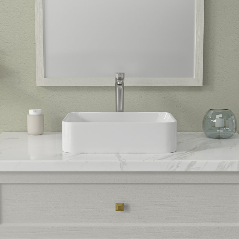 19" x 15"  White Bathroom Sink  Ceramic Rectangular Vessel Sink With Stainless Steel Faucet, Stainless Steel
