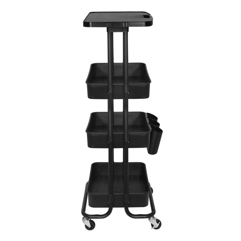 4 Tier Utility Cart Rolling Metal Organization Cart with Table Top & 3 Hanging Cups & Lockable Wheels, Multifunctional Storage Baskets for Kitchen Living Room Office