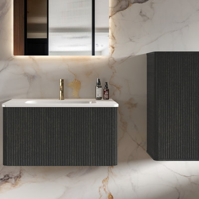 Bathroom Cabinet In Black Brown - With Chic Striped Patterns And Build Storage For Brown, Textures Functionality