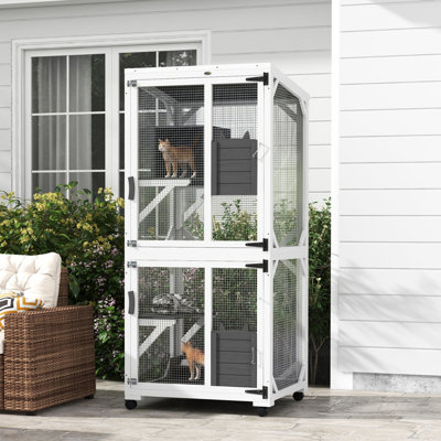 Blanc, grand pour 1 à 3 chats, intérieur et extérieur, avec toit imperméable, boîte de repos surélevée et auvent à roues rotatives, abri extérieur pour chat 1 à 3
