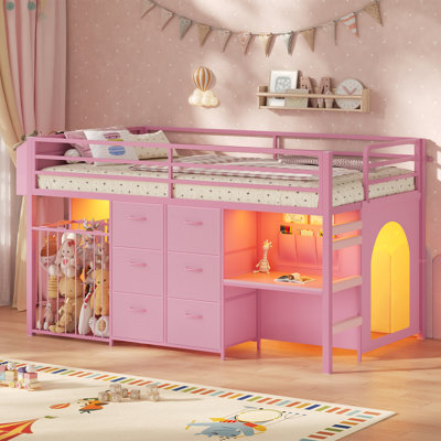 Lit mezzanine bas avec 6 tiroirs de rangement et rangement pour animaux en peluche