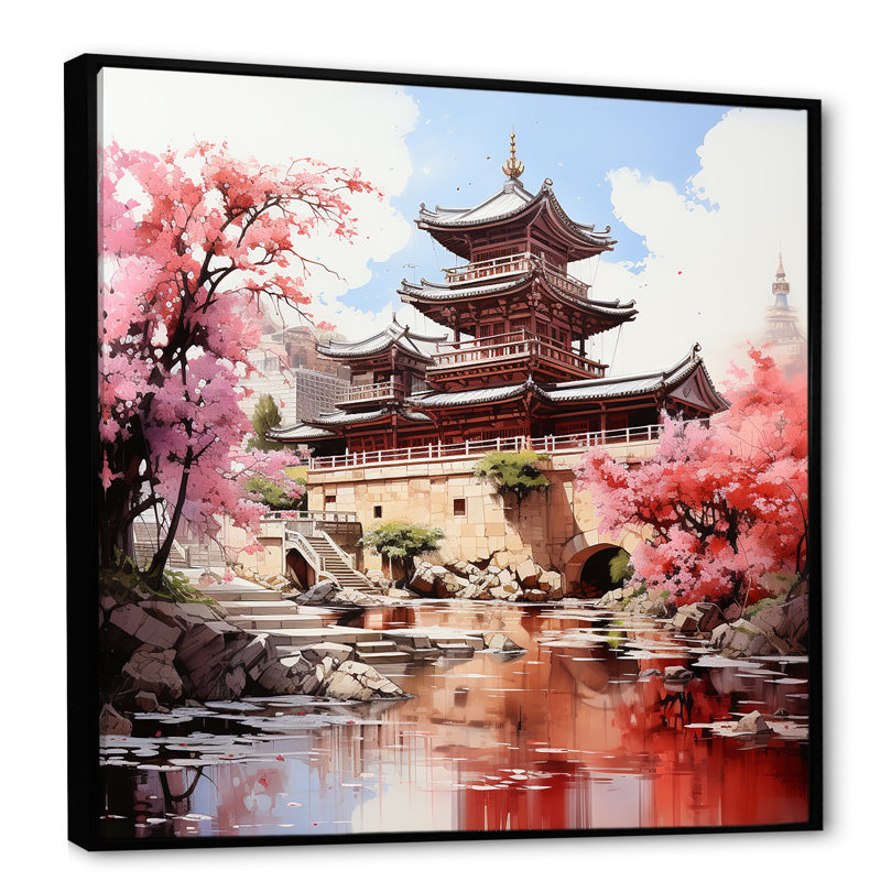 «Spring Spring China Serenity At The Temple I», art mural Chine, Cadre flottant noir, H 30 po x l 30 po x P 1,5 po