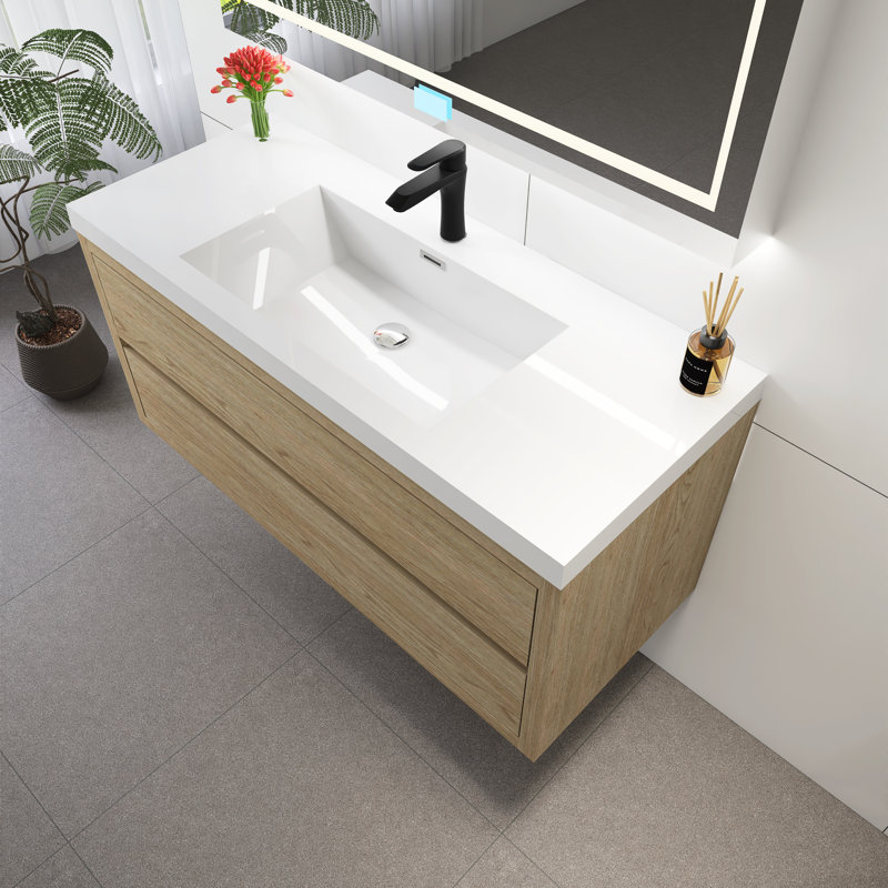 Meuble-lavabo mural 48 po avec lavabo, Bois de chêne naturel