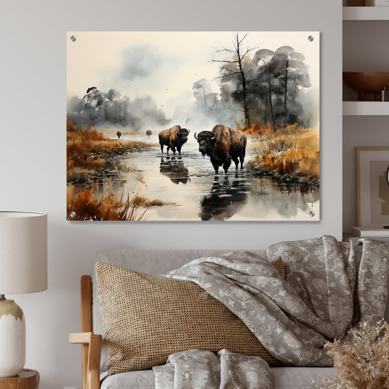 «Grey Buffalo Misty Morning Grazing II», art mural acrylique Buffalo, H 12 po x l 20 po