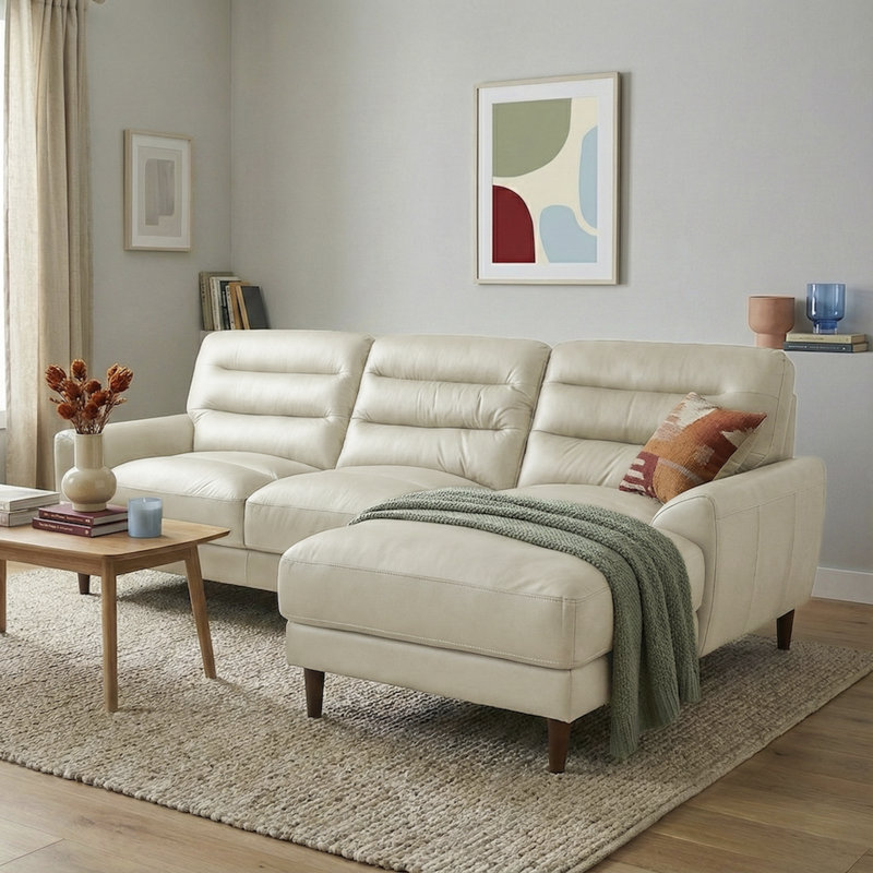 Isbell Contemporary Genuine Leather Sectional Sofa With Channel Stitching, Cream Genuine Leather/Foam Padding
