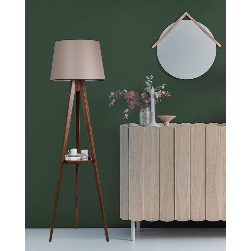 Luro Elegant Wooden Floor Lamp with Shelf, Walnut Finish, 63.0 inches Tall | Fabric Cap, 17.7 inches Diameter | On/Off Switch, E27 Socket, Max 60W | Stylish Lighting for Living Room, Bedroom, and Office Decor