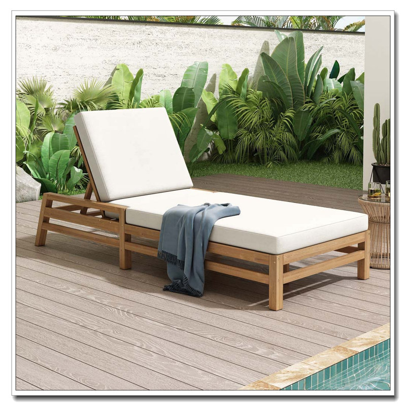 Chaise longue d'extérieur réglable à 5 positions avec structure en bois d'acacia et coussins épais, Teck clair
