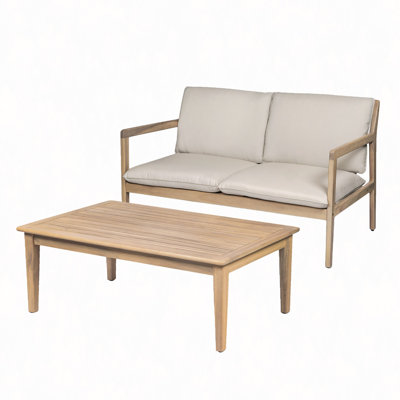Outdoor Acacia Wood Loveseat With Coffee Table, Light Teak Frame Cushion