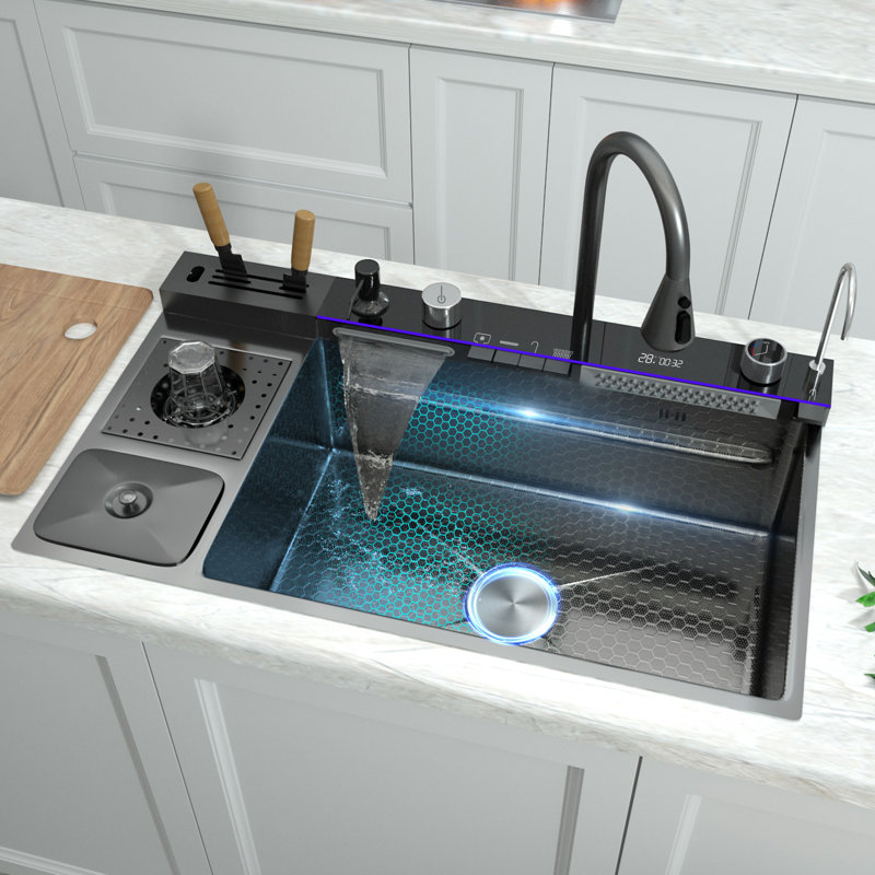 32.3 x 18.9 x 8.3 Inch Stainless Steel Kitchen Sink Single Bowl with Trash Can Integrated Digital Display Waterfall Faucet Multifunction Sink Dishwashing Basin