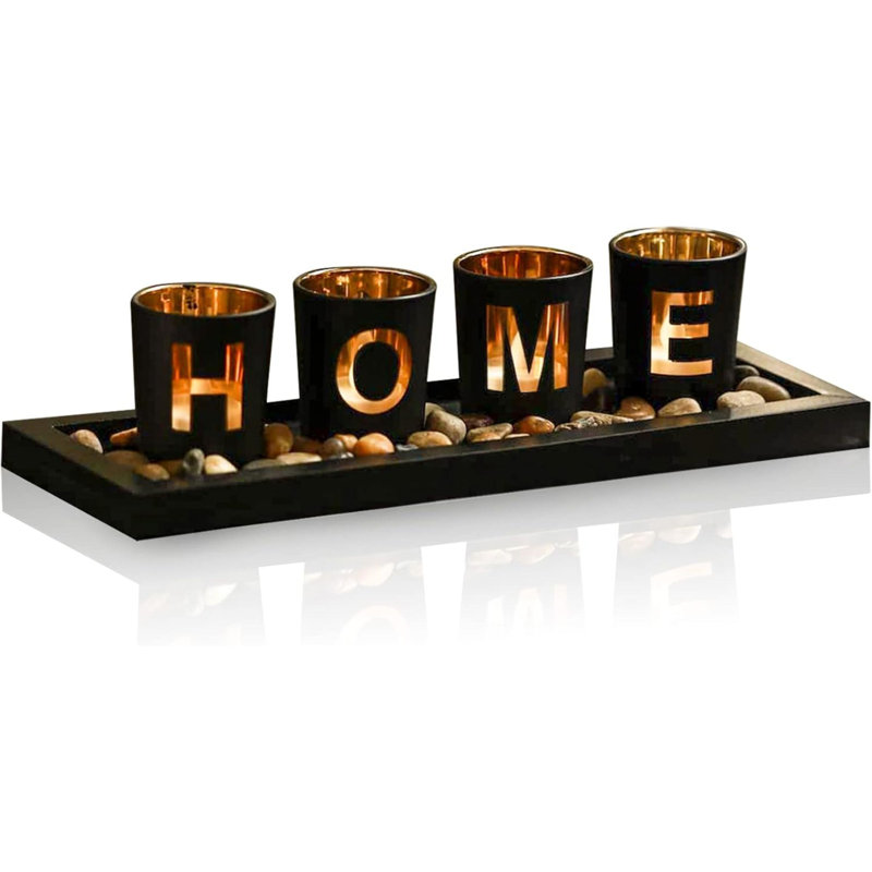 4 bougeoirs en verre avec plateau en bois 4 pièces