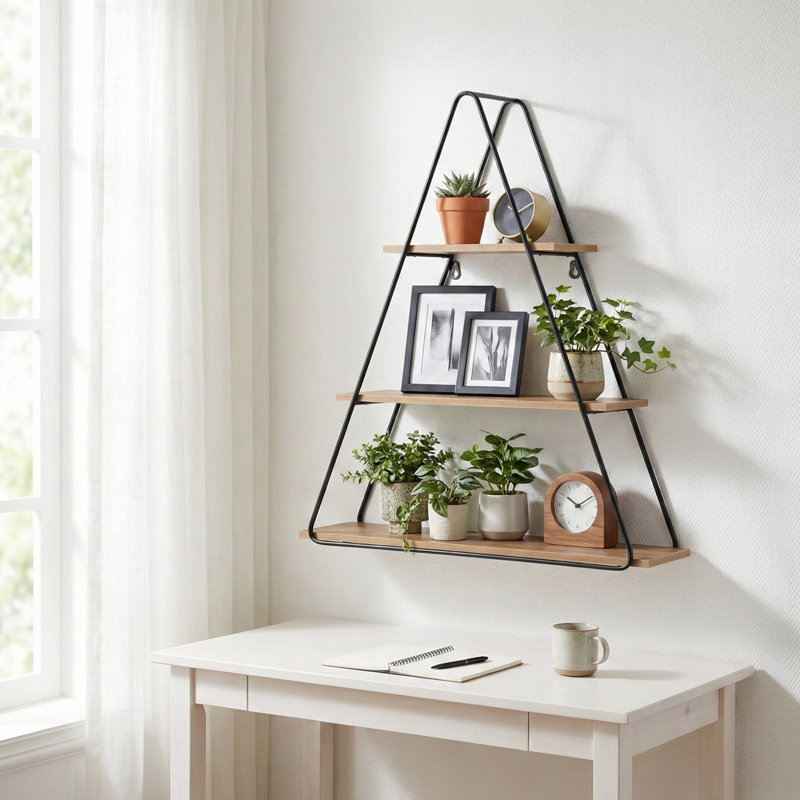 Geometric Metal and Wood Triangular Wall Shelf Storage for Entryway Decor - Accent Wall Organizer Shelf for Living Room or Home Display - 26"