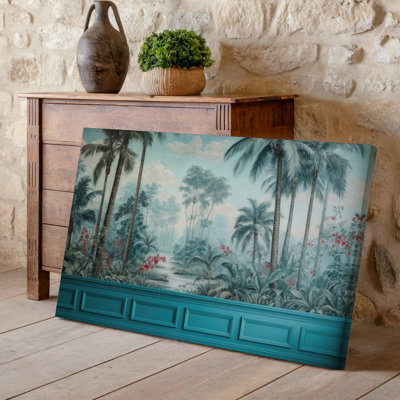 Toile, peinture murale rétro représentant un paysage de jungle sereine avec art mural, grands palmiers et verdure luxuriante contre une toile