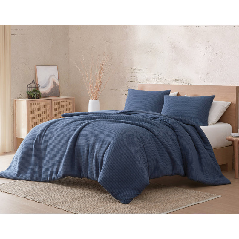 Couette en coton gaufré 3 pièces , Housse de couette grand + 2 grandes taies décorat, Marine