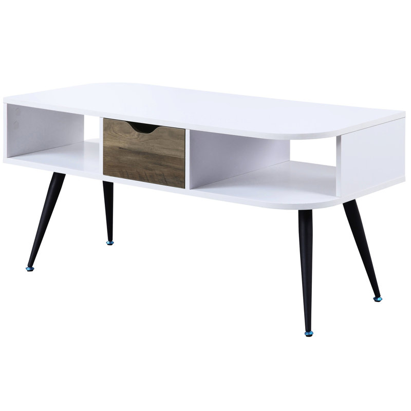 Élégante table basse blanche et noire avec tiroir de rangement et espaces ouverts