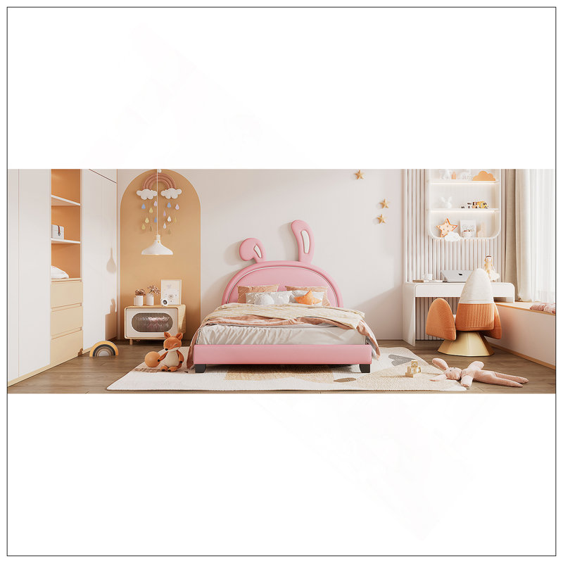 Lit plateforme tapissier en similicuir avec ornement en lapin, Double, Rose