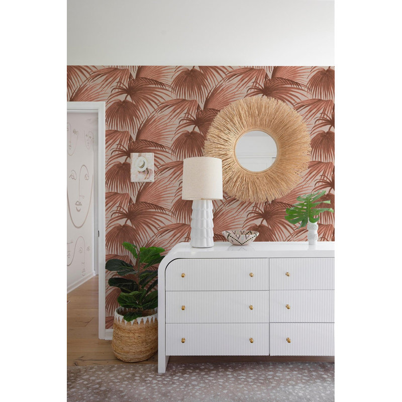 Pawley’s Island Palms Barely Wallpaper by Megan Molten, Clay, Faux Grasscloth
