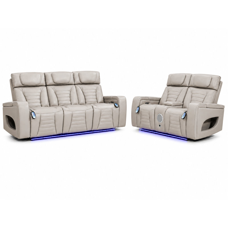 Ensemble de canapé et causeuse inclinable électrique 2 pièces avec massage, chauffage, recharge sans fil, haut-parleurs, éclairage à DEL Beige