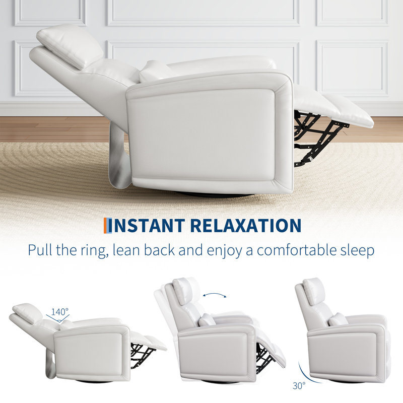 360° Swivel Manual Recliner, Faux Leather Rocking Chair with Adjustable Backrest & Footstool for Living Room, White