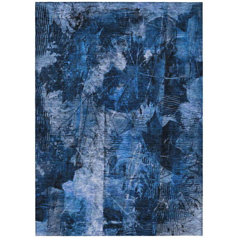 Tapis extérieur lavable antidérapant floral bleu marine 10 pi x 14 pi