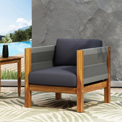 Fauteuil club inclinable en bois pour l'extérieur, conception tissée à la corde, rembourrage d'eau, 25,58 po Hauteur du siège confortable et élégant, accents, revêtement, largeur 29,06