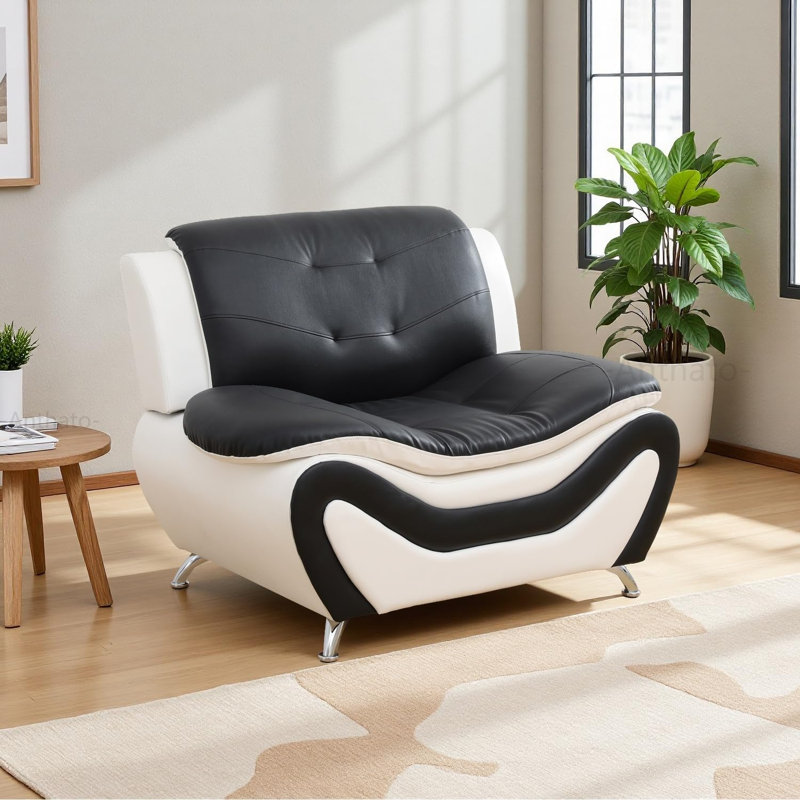 Chaise d'appoint 42 po moderne en similicuir avec motif ondulé et pieds chromés, Blanc/Noir