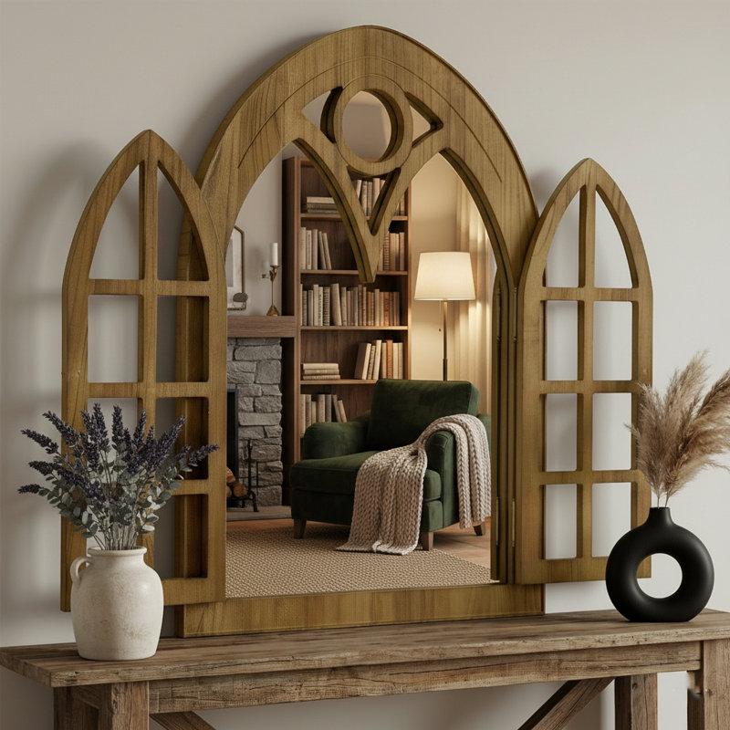 Vintage Arched Wall Mirror With Openable Shutters, Decorative Accent Mirror For Home, 30"H x 20"W, Brown