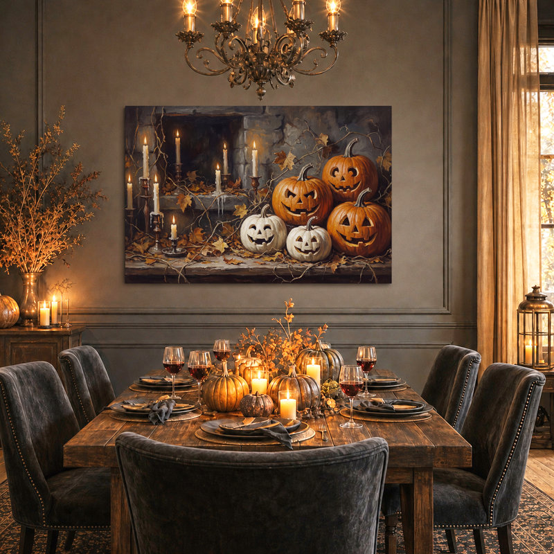 Art mural sur toile sculpté citrouilles orange et blanches avec bougies, H 32 po x l 48 po