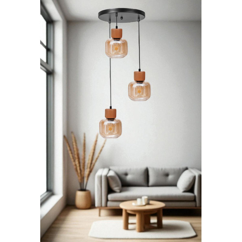 Lustre, Miel / chêne / noir, 3 niveaux, Trois lumières