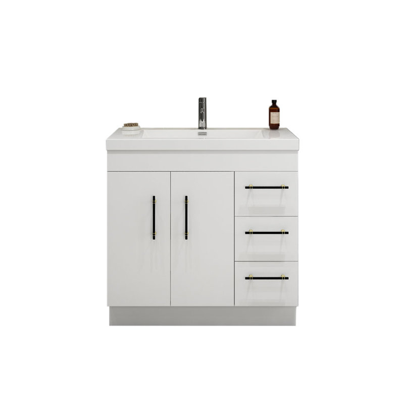 Carliss 36'' Single Bathroom Vanity with Acrylic Top, Glossy White, Black