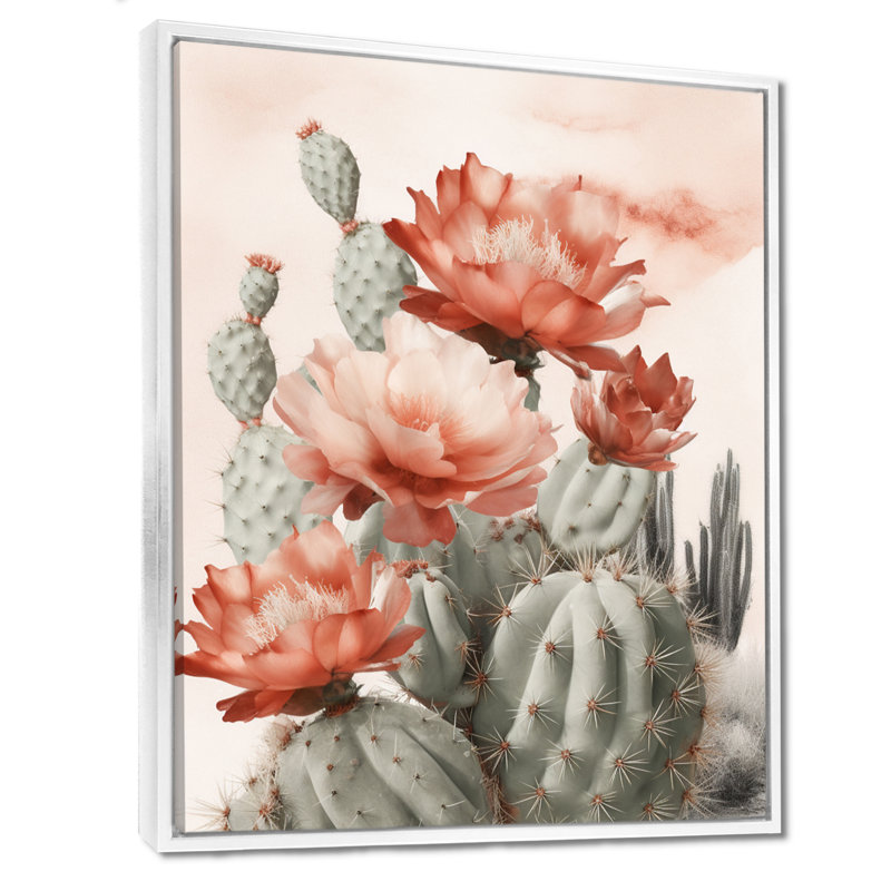 Cactus du désert rouge Louver sur toile, H 44 po x l 34 po, Cadre flottant blanc