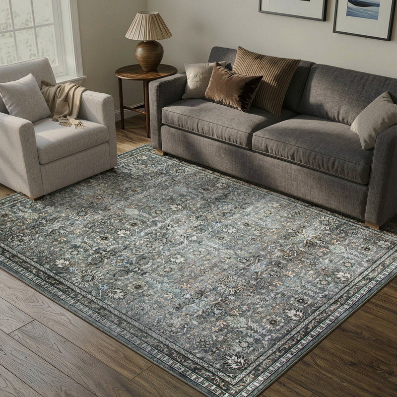 Watte Vintage Floral Border Washable Area Rug with Non-Slip Backing for Living Room & Bedroom, Rectangle 5' x 7'