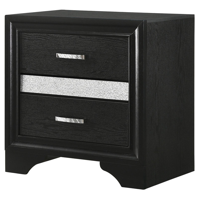 Table de chevet noire à 2 tiroirs avec plateau à bijoux caché, Noir