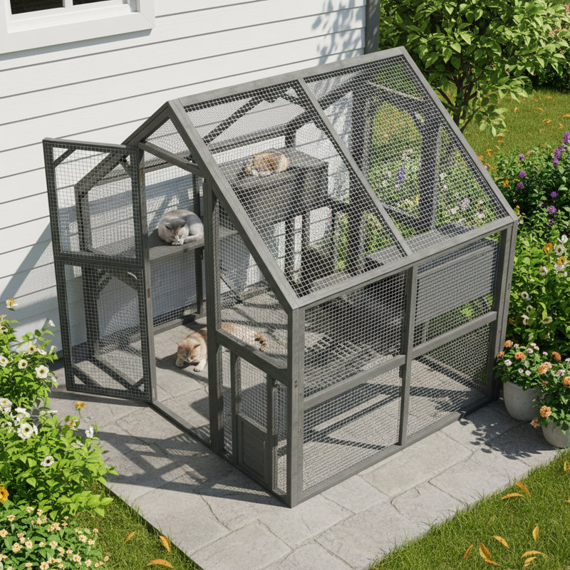 Grande enceinte extérieure pour chats pour plusieurs chats, abri pour chats en bois avec auvent imperméable résistant aux rayons UV