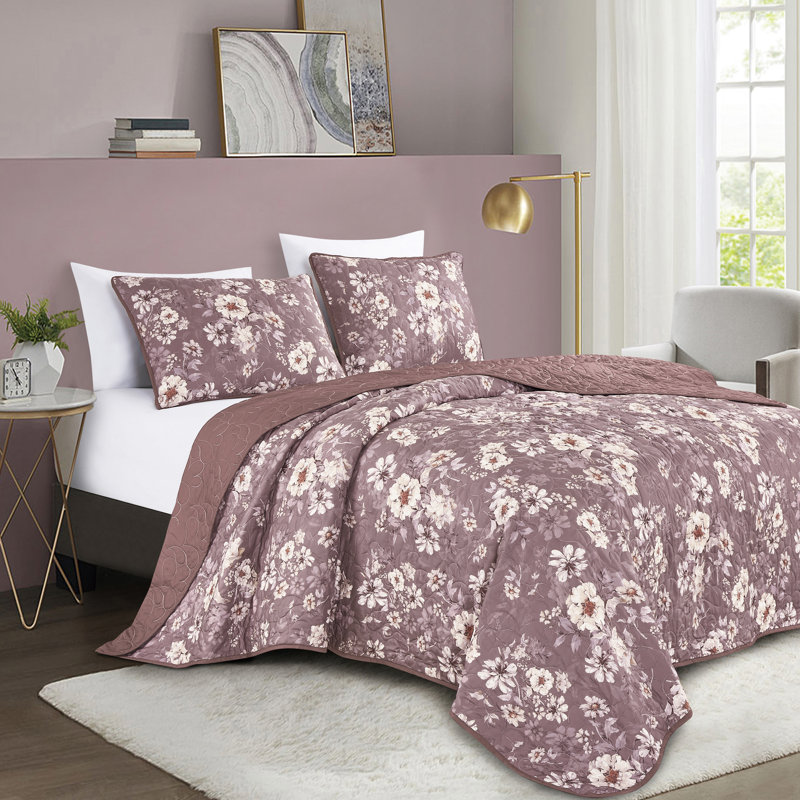 Couvre-lit réversible 3 pièces Menora, Floral mauve, Couvre-lit grand et 2 taies décoratives