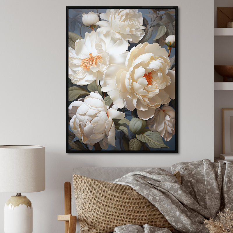 «Beige Fragrant Peony Bliss I» sur toile, H 32 po x l 16 po x P 1 po, Cadre flottant noir