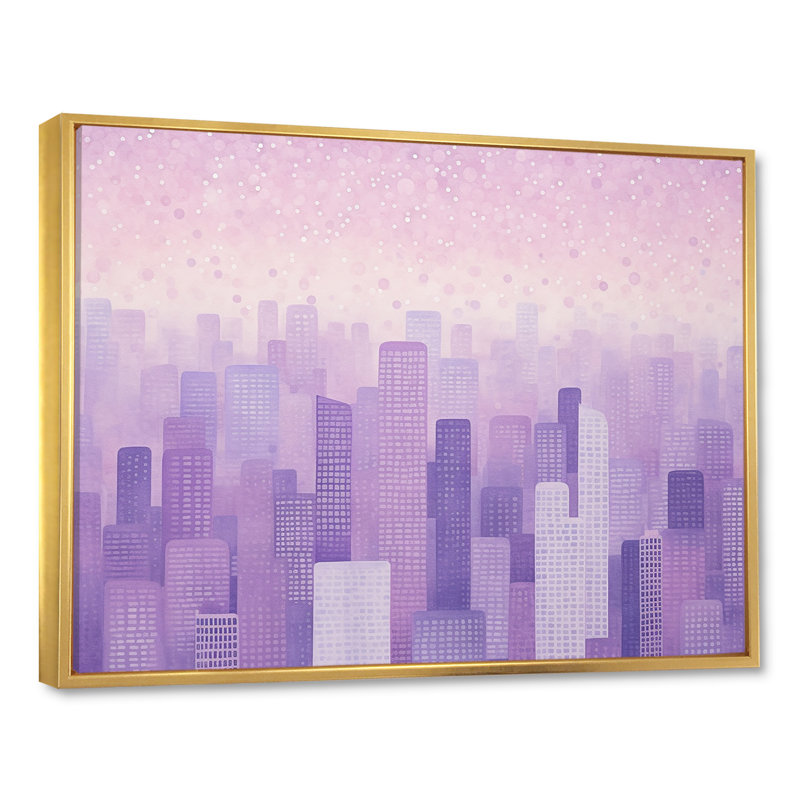 «Lilac Layers Skyscrapers», horizon urbain sur toile, Cadre flottant doré, 30" H x 40" W